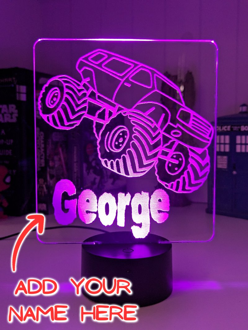 Monster Truck Personalised Name 3D LED Night Light Lamp - KustomboxNight Lights & Ambient LightingKustomboxStandard Size Name Option