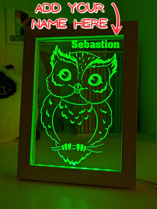 Owl on Tree Branch - Personalised Name Timber Frame USB 3D LED Night Light Lamp - KustomboxNight Lights & Ambient LightingKustomboxTimber Frame Light - $34.99