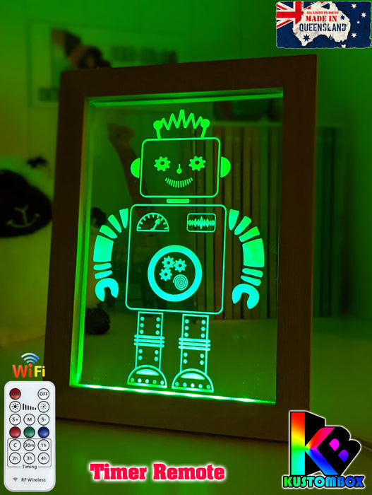 Robot Personalised Name Timber Frame 3D LED Night Childrens Light