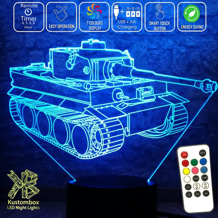 Army Military Tiger Tank 3D - LED Night Light 7 Colours + Remote Control - Kustombox