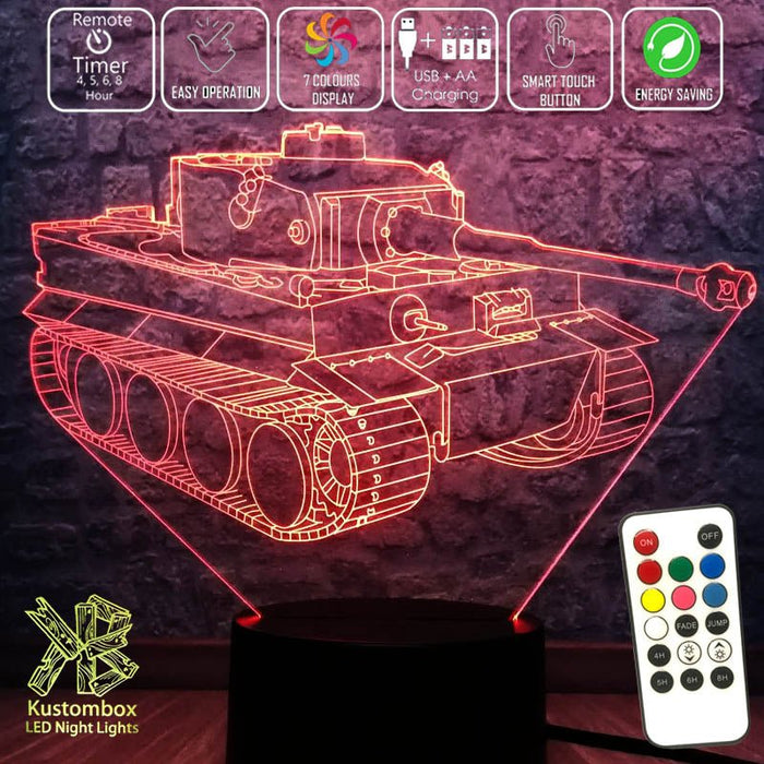Army Military Tiger Tank 3D - LED Night Light 7 Colours + Remote Control - Kustombox