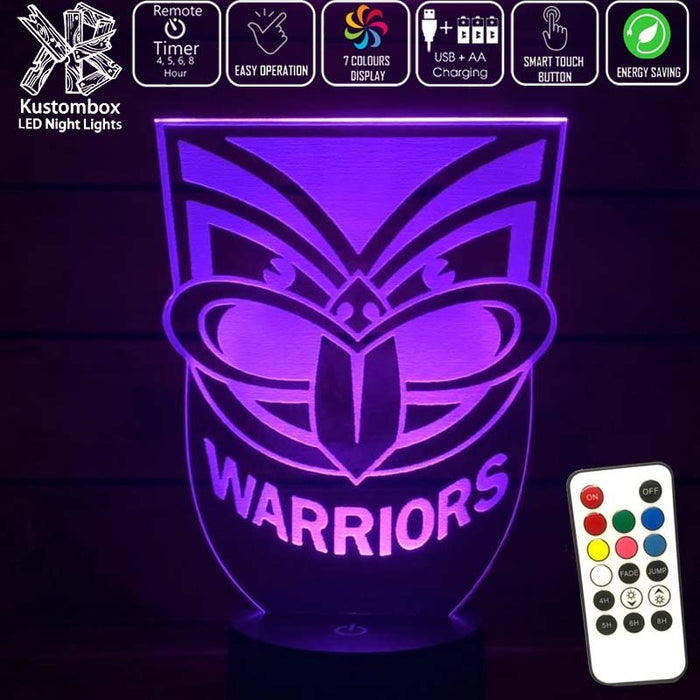 AUCKLAND WARRIORS Rugby League Football Club LED Night Light 7 Colours + Remote Control - Kustombox