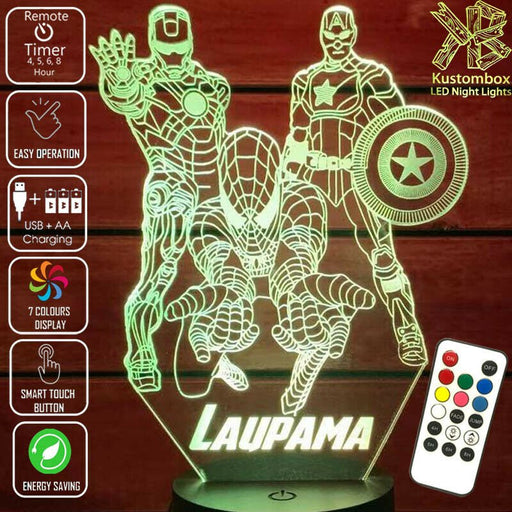Avengers Iron, Spider Man, Captain America Personalised Name Super Hero LED Night Light 7 Colours + Remote Control Kustombox