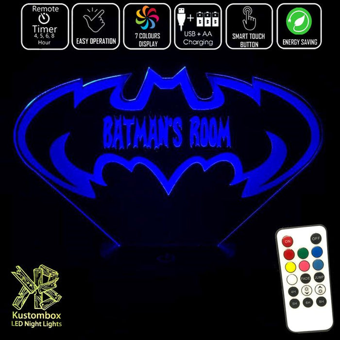 Batman Batarang Personalised Name - LED Night Light 7 Colours + Remote Control - Kustombox