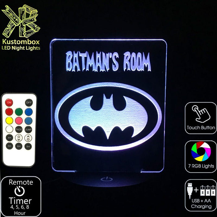 Batman Personalised Name Light - LED Night Light 7 Colours + Remote Control - Kustombox