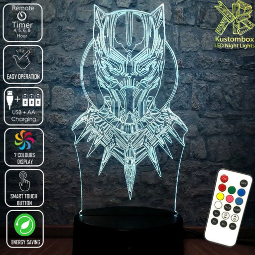 Black Panther Face Mask Avengers- LED Night Light 7 Colours + Remote Control - Kustombox