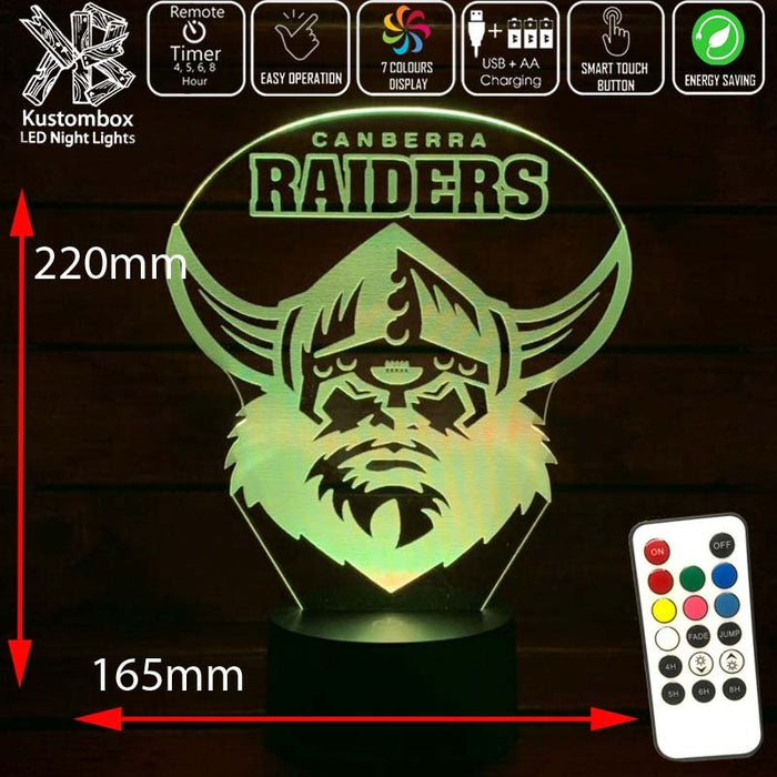 CANBERRA RAIDERS Rugby League Football Club LED Night Light 7 Colours + Remote Control - Kustombox NRL