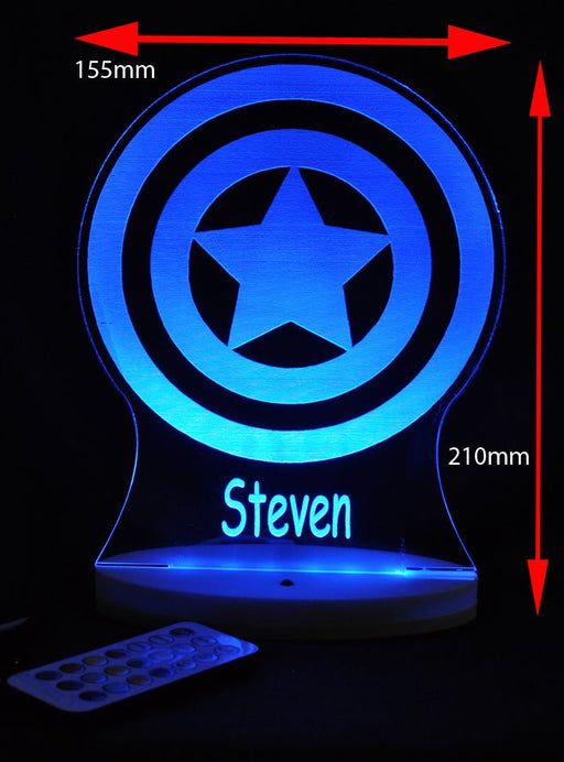 Captain America Sheild Personalised Name - 3D LED Night Light 7 Colours + Remote Control AVENGERS- Kustombox
