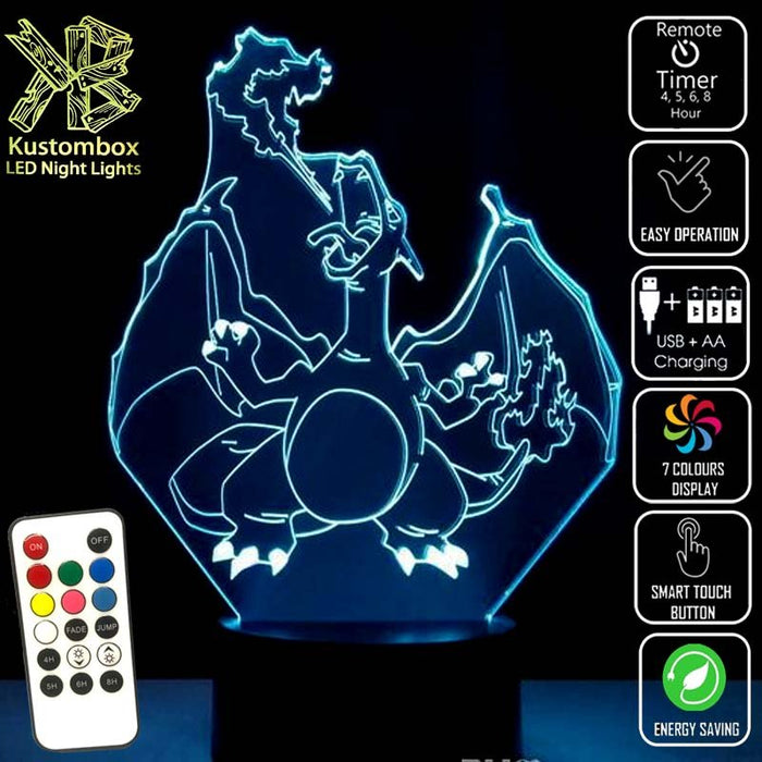 Charizard Pokemon LED Night Light 7 Colours + Remote Control - KustomboxNight Lights & Ambient LightingKustomboxStandard Size