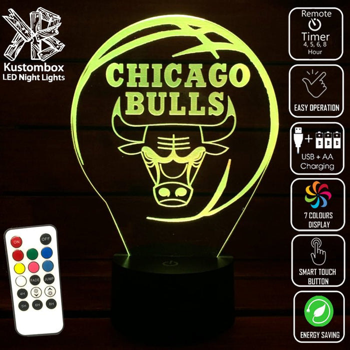 CHICAGO BULLS NBA BASKETBALL LED Night Light 7 Colours + Remote Control - Kustombox NBA