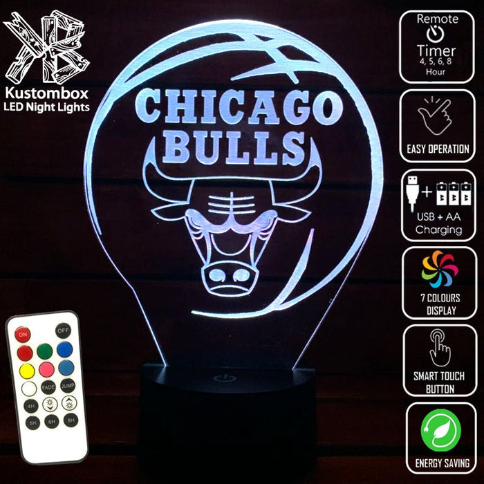 CHICAGO BULLS NBA BASKETBALL LED Night Light 7 Colours + Remote Control - Kustombox