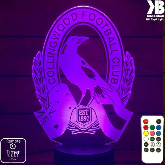 COLLINGWOOD MAGPIES Football Club LED Night Light 7 Colours + Remote Control - Kustombox AFL