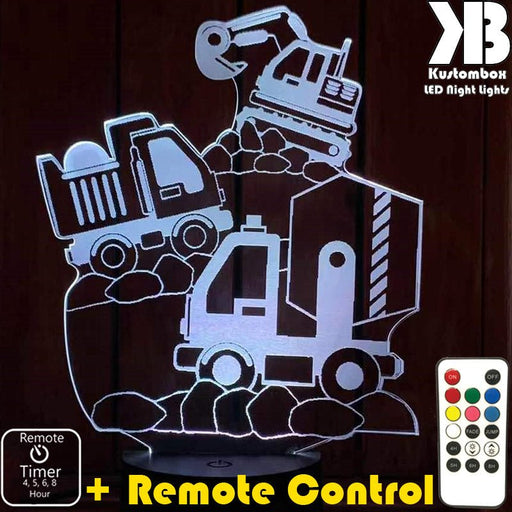 Construction Escavator & Trucks - 3D LED Night Light 7 Colours + Remote Control - Kustombox