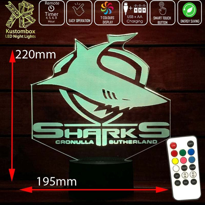CRONULLA SHARKS Rugby League Football Club LED Night Light 7 Colours + Remote Control - Kustombox NRL