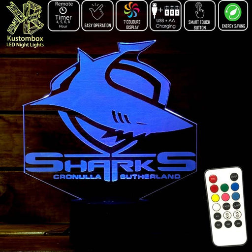 CRONULLA SHARKS Rugby League Football Club LED Night Light 7 Colours + Remote Control - Kustombox NRL