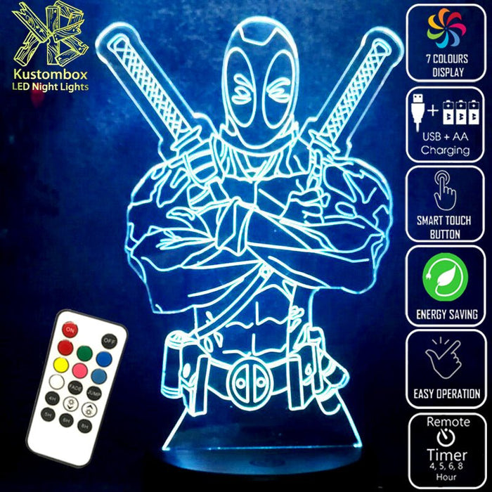 Deadpool 2 Swords Marvel Comics 3D - LED Night Light 7 Colours + Remote Control - Kustombox