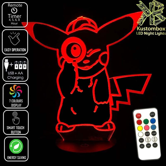 Detective Pikachu Pokemon LED Night Light 7 Colours + Remote Control - Kustombox