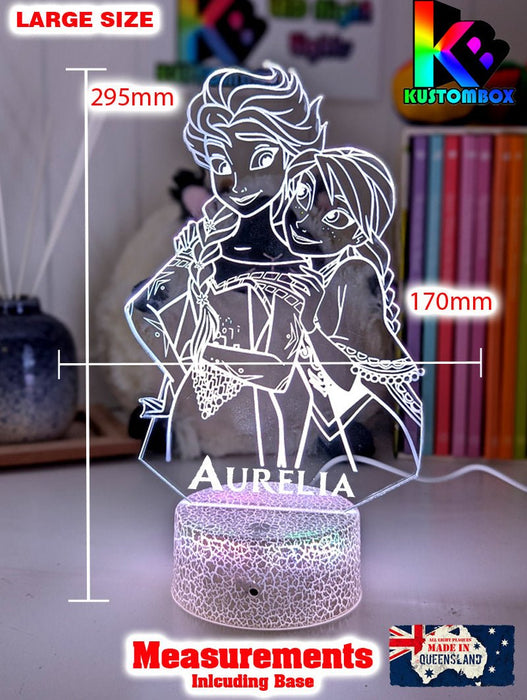 Elsa and Anna Frozen Personalised Name 3d LED Night Light lamp White Crackle Base for Childrens Room - Kustombox