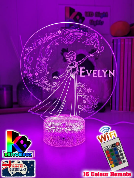Elsa Frozen Cartoon Personalised Name 3d LED Night Light lamp White Crackle Base for Childrens Room - Kustombox disney
