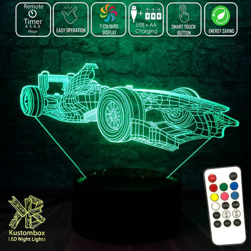 F1 Formula Racing Car Side view 3D - LED Night Light 7 Colours + Remote Control - Kustombox