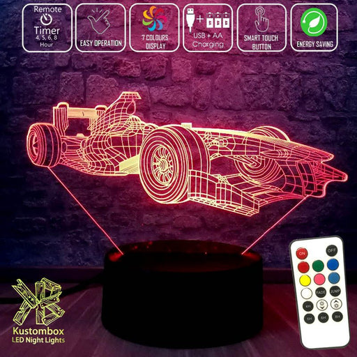 F1 Formula Racing Car Side view 3D - LED Night Light 7 Colours + Remote Control - Kustombox