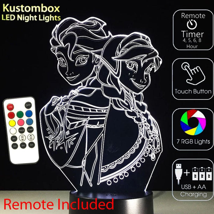 Frozen Elsa and Arna Personalised Name Option - 3D LED Night Light 7 Colours + Remote Control - Kustombox
