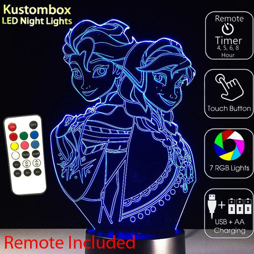 Frozen Elsa and Arna Personalised Name Option - 3D LED Night Light 7 Colours + Remote Control - Kustombox