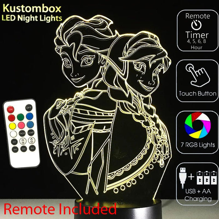 Frozen Elsa and Arna Personalised Name Option - 3D LED Night Light 7 Colours + Remote Control - Kustombox