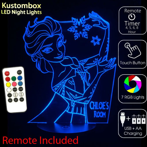 Frozen Elsa Personalised Name - 3D LED Night Light 7 Colours + Remote Control - Kustombox disney