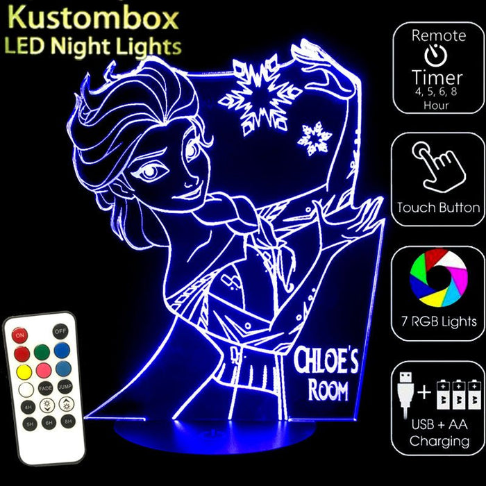 Frozen Elsa Personalised Name - 3D LED Night Light 7 Colours + Remote Control - Kustombox disney