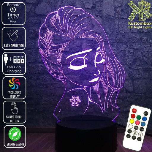 Frozen Elsa Side Face Disney- 3D LED Night Light 7 Colours + Remote Control - Kustombox disney