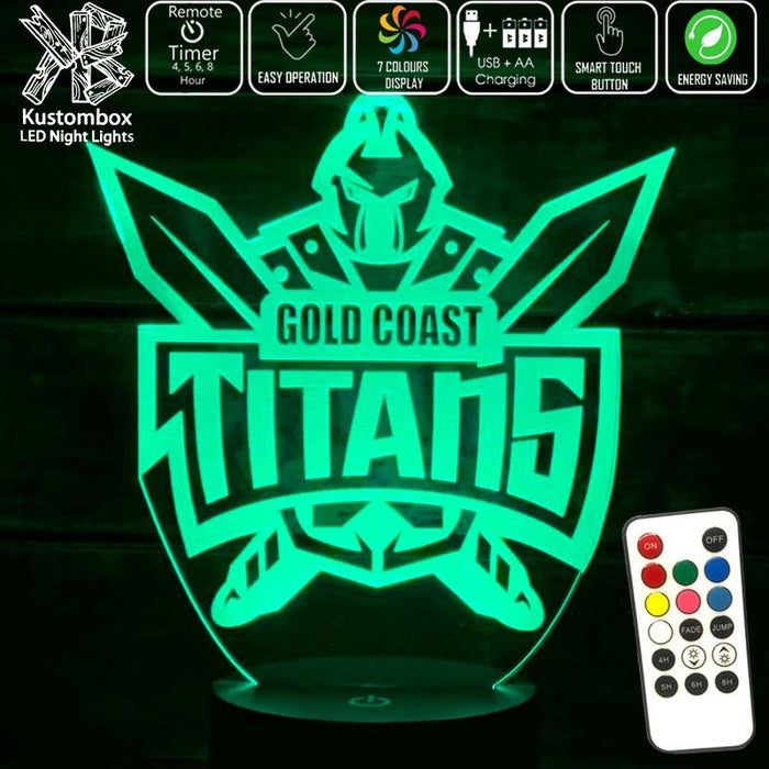 GOLD COAST TITANS Rugby League Football Club LED Night Light 7 Colours + Remote Control - Kustombox NRL