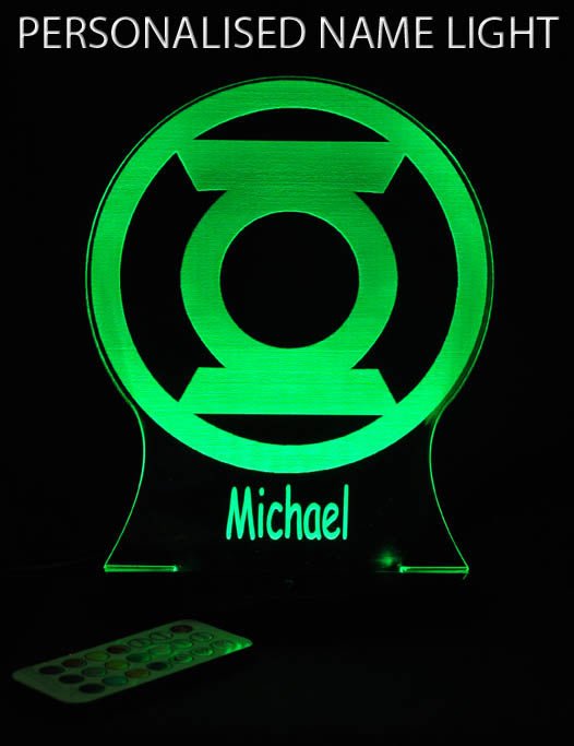 Green Lantern Logo Personalised Name - 3D LED Night Light 7 Colours + Remote Control - Kustombox