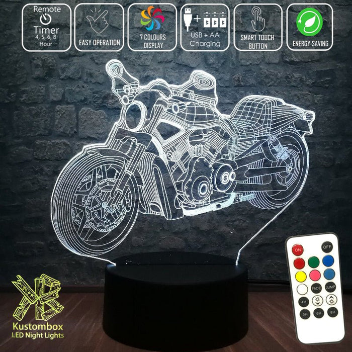 Harley Davidison Motorbike 3D - LED Night Light 7 Colours + Remote Control - Kustombox