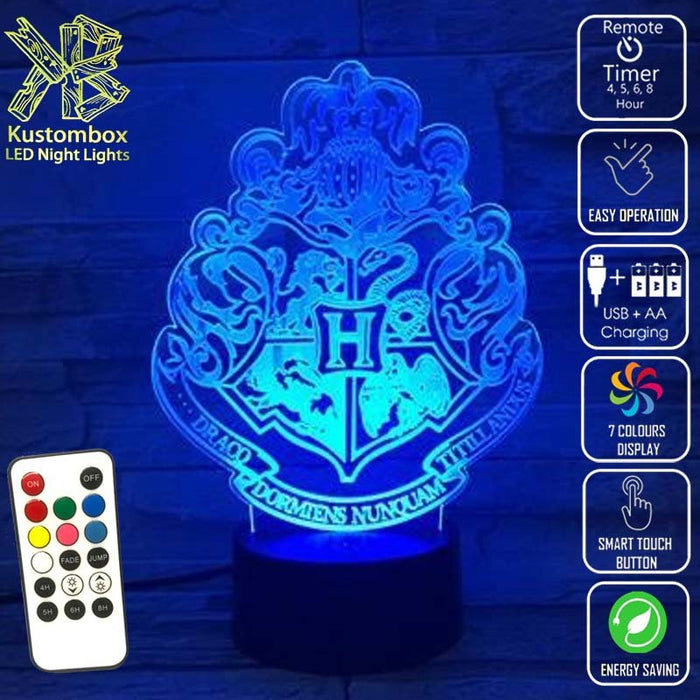Harry Potter Hogwarts Logo - LED Night Light 7 Colours + Remote Control - Kustombox