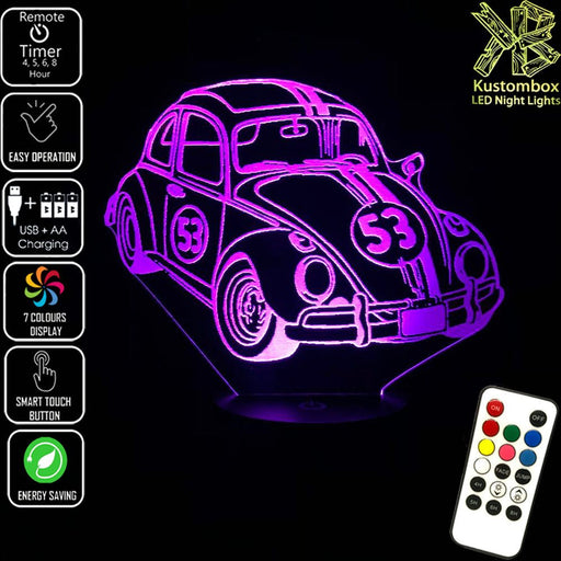 Herbie the Love Bug VW Beetle 3D LED Night Light 7 Colours + Remote Control - Kustombox