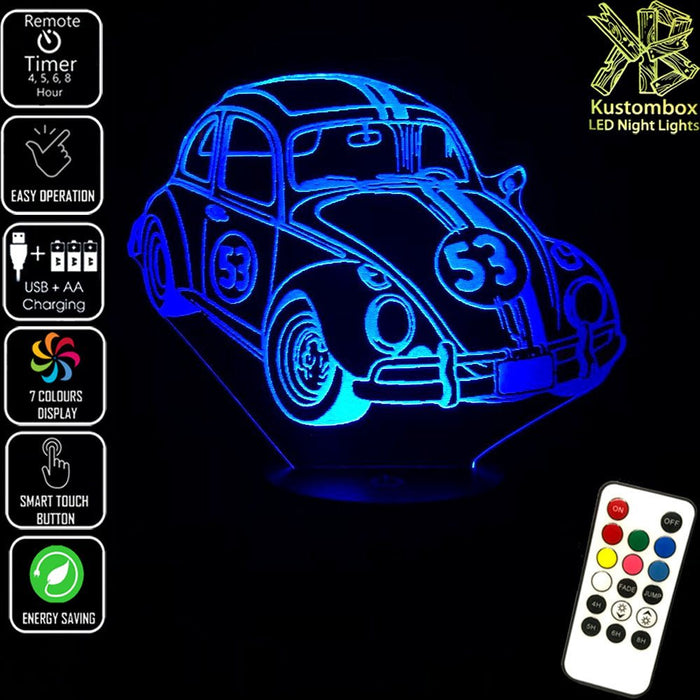 Herbie the Love Bug VW Beetle 3D LED Night Light 7 Colours + Remote Control - Kustombox