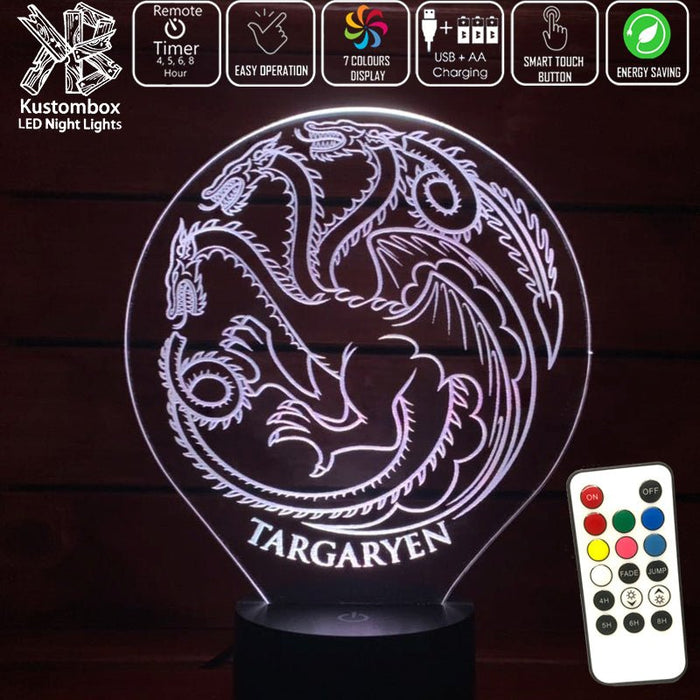 House of Targaryen Sigil Game of Thrones - 3D LED Night Light 7 Colours + Remote Control - Kustombox