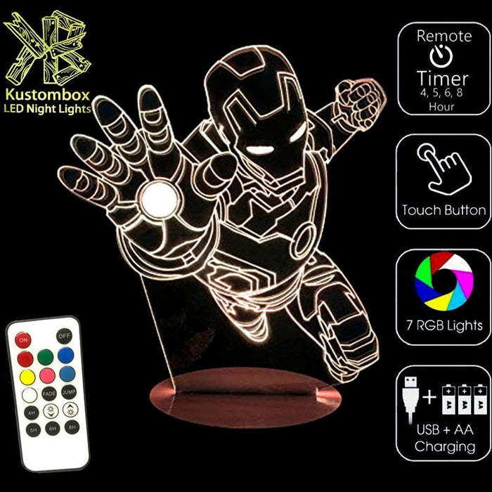 Iron Man Arm Out Avengers - 3D LED Night Light 7 Colours + Remote Control - Kustombox