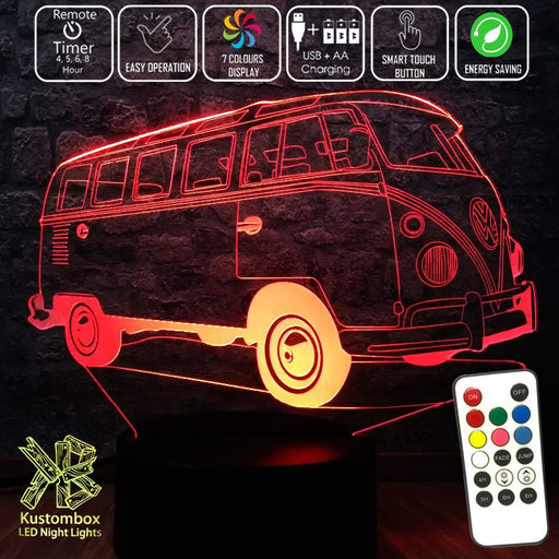 Kombi / Combi Van VW Volks wagon 3D - LED Night Light 7 Colours + Remote Control - Kustombox