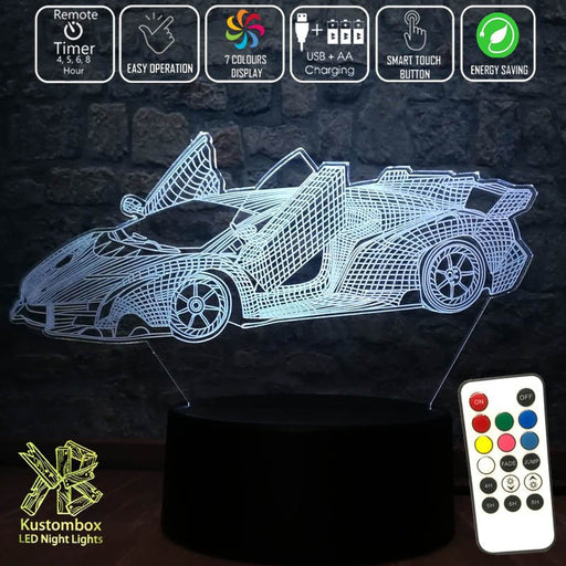 Lamborghini Sports Car 3D - LED Night Light 7 Colours + Remote Control - Kustombox