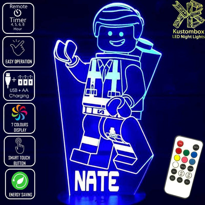 Lego Movie Emment Character Personalised Name - 3D LED Night Light 7 Colours + Remote Control - Kustombox