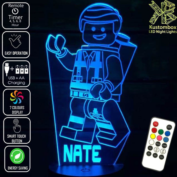 Lego Movie Emment Character Personalised Name - 3D LED Night Light 7 Colours + Remote Control - Kustombox