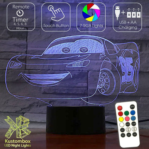 Lighting McQueen Cars 3D - LED Night Light 7 Colours + Remote Control - Kustombox