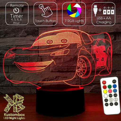 Lighting McQueen Cars 3D - LED Night Light 7 Colours + Remote Control - Kustombox