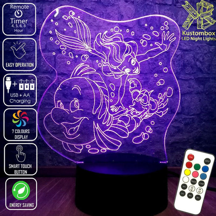Little Mermaid Ariel and Sebastion Disney- 3D LED Night Light 7 Colours + Remote Control - Kustombox