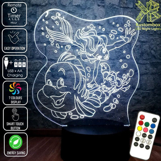 Little Mermaid Ariel and Sebastion Disney- 3D LED Night Light 7 Colours + Remote Control - Kustombox