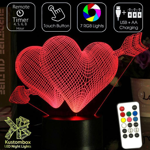 Love Hearts Double - 3D LED Night Light 7 Colours + Remote Control - Kustombox