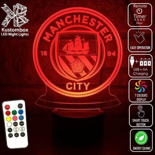 MANCHESTER CITY Football Club LED Night Light 7 Colours + Remote Control - Kustombox EFC SOCCER