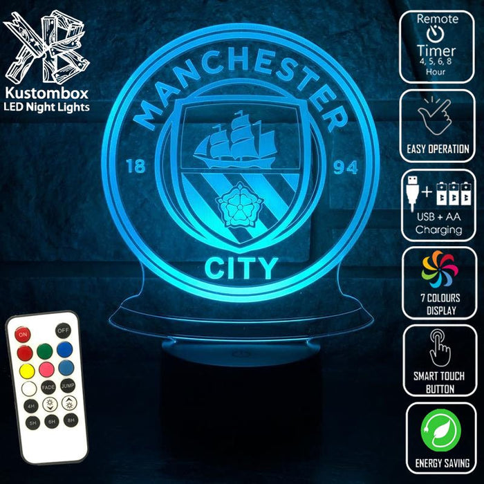 MANCHESTER CITY Football Club LED Night Light 7 Colours + Remote Control - Kustombox EFC SOCCER